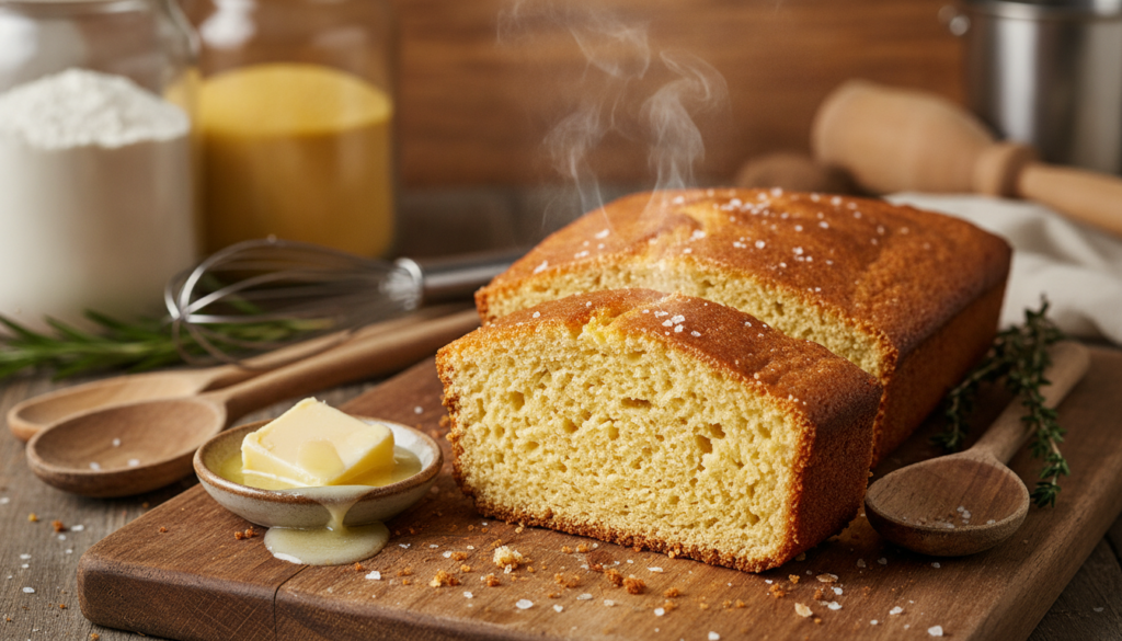 A beautifully arranged display of gluten-free cornbread, showcasing its ideal texture and flavor. In the foreground, a sliced cornbread loaf, with a golden-brown crust and a soft, fluffy interior, lightly crumbled to reveal its moistness. Next to it, a small dish of creamy butter melts slowly, and a pinch of coarse salt is sprinkled over the bread for visual appeal. In the middle ground, rustic wooden utensils and a sprig of fresh herbs hint at natural ingredients used in the recipe. The background features a softly lit kitchen setting with warm tones, including flour, cornmeal, and baking tools, evoking a cozy, inviting atmosphere. The composition captures warmth and comfort, inviting the viewer to enjoy the wholesome goodness of gluten-free cornbread. A beautifully arranged display of gluten-free cornbread, showcasing its ideal texture and flavor. In the foreground, a sliced cornbread loaf, with a golden-brown crust and a soft, fluffy interior, lightly crumbled to reveal its moistness. Next to it, a small dish of creamy butter melts slowly, and a pinch of coarse salt is sprinkled over the bread for visual appeal. In the middle ground, rustic wooden utensils and a sprig of fresh herbs hint at natural ingredients used in the recipe. The background features a softly lit kitchen setting with warm tones, including flour, cornmeal, and baking tools, evoking a cozy, inviting atmosphere. The composition captures warmth and comfort, inviting the viewer to enjoy the wholesome goodness of gluten-free cornbread.