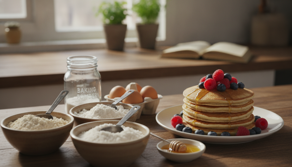 A beautifully arranged display of gluten-free pancake ingredients on a wooden kitchen countertop. In the foreground, showcase vibrant bowls of almond flour, coconut flour, and oat flour, each with a measuring cup for a rustic touch. Nearby, include a jar of baking powder, fresh eggs, and a small bowl of melted coconut oil. In the middle ground, a stack of fluffy gluten-free pancakes topped with fresh berries and a drizzle of honey creates an inviting breakfast scene. The background features a softly lit kitchen with herbs and a cookbook on the counter, enhancing the warm, homely atmosphere. Natural light filters in through a nearby window, casting gentle shadows and maintaining a cozy, inviting mood. Use a shallow depth of field to focus on the ingredients while softly blurring the background to create depth. A beautifully arranged display of gluten-free pancake ingredients on a wooden kitchen countertop. In the foreground, showcase vibrant bowls of almond flour, coconut flour, and oat flour, each with a measuring cup for a rustic touch. Nearby, include a jar of baking powder, fresh eggs, and a small bowl of melted coconut oil. In the middle ground, a stack of fluffy gluten-free pancakes topped with fresh berries and a drizzle of honey creates an inviting breakfast scene. The background features a softly lit kitchen with herbs and a cookbook on the counter, enhancing the warm, homely atmosphere. Natural light filters in through a nearby window, casting gentle shadows and maintaining a cozy, inviting mood. Use a shallow depth of field to focus on the ingredients while softly blurring the background to create depth.