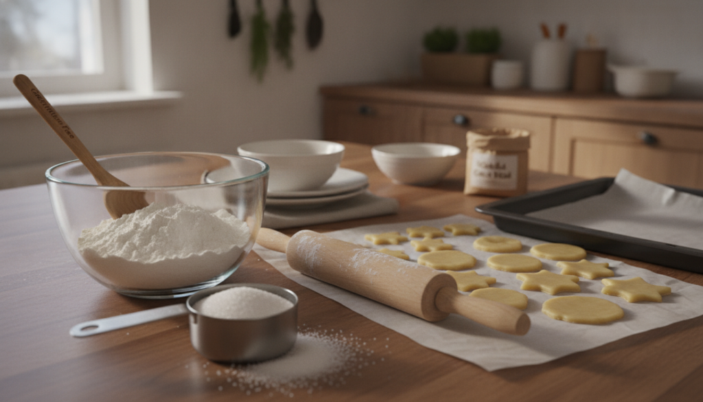 A beautifully arranged kitchen countertop scene showcasing an array of gluten-free sugar cookie ingredients and baking tools. In the foreground, a clear glass bowl filled with finely milled gluten-free flour, a measuring cup spilling sugar, and a wooden rolling pin dusted with flour. In the middle ground, freshly cut cookie dough shaped into stars and circles, lying on parchment paper with a baking tray ready to go into the oven. The background features a warm, sunlit kitchen with soft shadows highlighting the natural textures of wood and ceramic. The atmosphere is inviting and cozy, evoking a sense of home baking. Include the brand name "Global Gluten Free" subtly integrated into the scene. Natural light filters in, illuminating the ingredients and enhancing their colors without text or watermarks. A beautifully arranged kitchen countertop scene showcasing an array of gluten-free sugar cookie ingredients and baking tools. In the foreground, a clear glass bowl filled with finely milled gluten-free flour, a measuring cup spilling sugar, and a wooden rolling pin dusted with flour. In the middle ground, freshly cut cookie dough shaped into stars and circles, lying on parchment paper with a baking tray ready to go into the oven. The background features a warm, sunlit kitchen with soft shadows highlighting the natural textures of wood and ceramic. The atmosphere is inviting and cozy, evoking a sense of home baking. Include the brand name "Global Gluten Free" subtly integrated into the scene. Natural light filters in, illuminating the ingredients and enhancing their colors without text or watermarks.