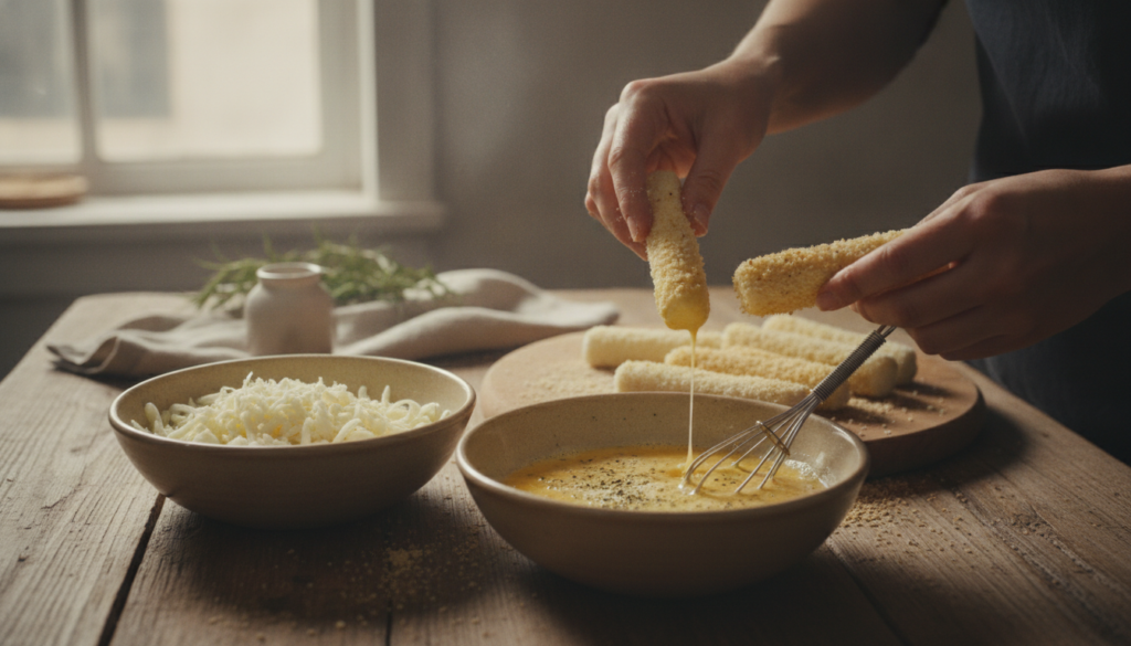 A beautifully arranged kitchen countertop showcasing the step-by-step breading process for gluten-free mozzarella sticks. In the foreground, there are three bowls: one with finely shredded mozzarella cheese, another filled with gluten-free breadcrumbs, and a third with a whisked mixture of eggs and herbs. In the middle, a close-up of a hand dipping a cheese stick into the egg mixture, followed by rolling it in the breadcrumbs. The background features a rustic wooden table with a soft, natural light streaming in through a nearby window, casting gentle shadows. The overall atmosphere is warm and inviting, evoking a sense of home cooking and family togetherness. The scene should appear appetizing and engaging, emphasizing both the ingredients and the process. A beautifully arranged kitchen countertop showcasing the step-by-step breading process for gluten-free mozzarella sticks. In the foreground, there are three bowls: one with finely shredded mozzarella cheese, another filled with gluten-free breadcrumbs, and a third with a whisked mixture of eggs and herbs. In the middle, a close-up of a hand dipping a cheese stick into the egg mixture, followed by rolling it in the breadcrumbs. The background features a rustic wooden table with a soft, natural light streaming in through a nearby window, casting gentle shadows. The overall atmosphere is warm and inviting, evoking a sense of home cooking and family togetherness. The scene should appear appetizing and engaging, emphasizing both the ingredients and the process.
