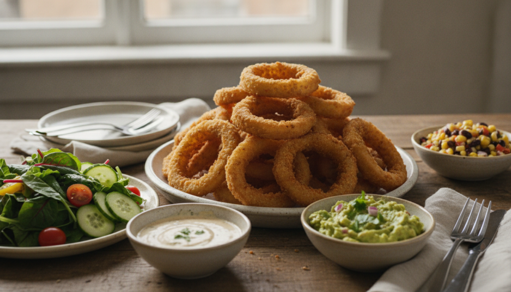 A beautifully arranged platter showcasing crispy gluten-free onion rings surrounded by various complementary serving ideas. In the foreground, a stack of golden-brown onion rings, perfectly fried, glistening in natural light. Next to them, a small bowl of tangy dipping sauce and another bowl of zesty guacamole for added color and flavor. The middle ground features a vibrant array of fresh salads with leafy greens, tomatoes, and cucumber slices, enhancing the visual appeal. In the background, a rustic wooden table setting with soft, diffused natural lighting pouring in from a nearby window, creating a warm and inviting atmosphere. The overall mood is cheerful and appetizing, perfect for a casual dining experience. A beautifully arranged platter showcasing crispy gluten-free onion rings surrounded by various complementary serving ideas. In the foreground, a stack of golden-brown onion rings, perfectly fried, glistening in natural light. Next to them, a small bowl of tangy dipping sauce and another bowl of zesty guacamole for added color and flavor. The middle ground features a vibrant array of fresh salads with leafy greens, tomatoes, and cucumber slices, enhancing the visual appeal. In the background, a rustic wooden table setting with soft, diffused natural lighting pouring in from a nearby window, creating a warm and inviting atmosphere. The overall mood is cheerful and appetizing, perfect for a casual dining experience.