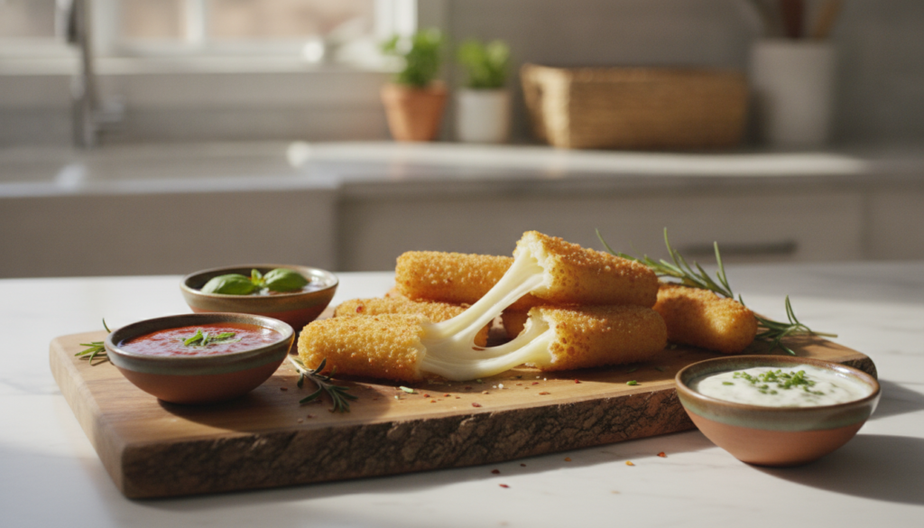 A beautifully arranged scene featuring golden-brown gluten-free mozzarella sticks, crispy and perfectly melted on the inside, placed on a rustic wooden platter. Surrounding the mozzarella sticks are small bowls of vibrant dipping sauces, including marinara, ranch, and garlic aioli, each garnished with herbs. In the background, a soft-focus kitchen setting enhances the homely atmosphere, with natural light streaming in through a window, casting gentle shadows. The foreground captures the delicious textures of the mozzarella sticks, showcasing their stretchy cheese pulling apart. An inviting, warm ambiance fills the image, making it feel like a cozy family gathering. The overall mood is appetizing and delightful, emphasizing the joy of sharing a gluten-free treat. A beautifully arranged scene featuring golden-brown gluten-free mozzarella sticks, crispy and perfectly melted on the inside, placed on a rustic wooden platter. Surrounding the mozzarella sticks are small bowls of vibrant dipping sauces, including marinara, ranch, and garlic aioli, each garnished with herbs. In the background, a soft-focus kitchen setting enhances the homely atmosphere, with natural light streaming in through a window, casting gentle shadows. The foreground captures the delicious textures of the mozzarella sticks, showcasing their stretchy cheese pulling apart. An inviting, warm ambiance fills the image, making it feel like a cozy family gathering. The overall mood is appetizing and delightful, emphasizing the joy of sharing a gluten-free treat.
