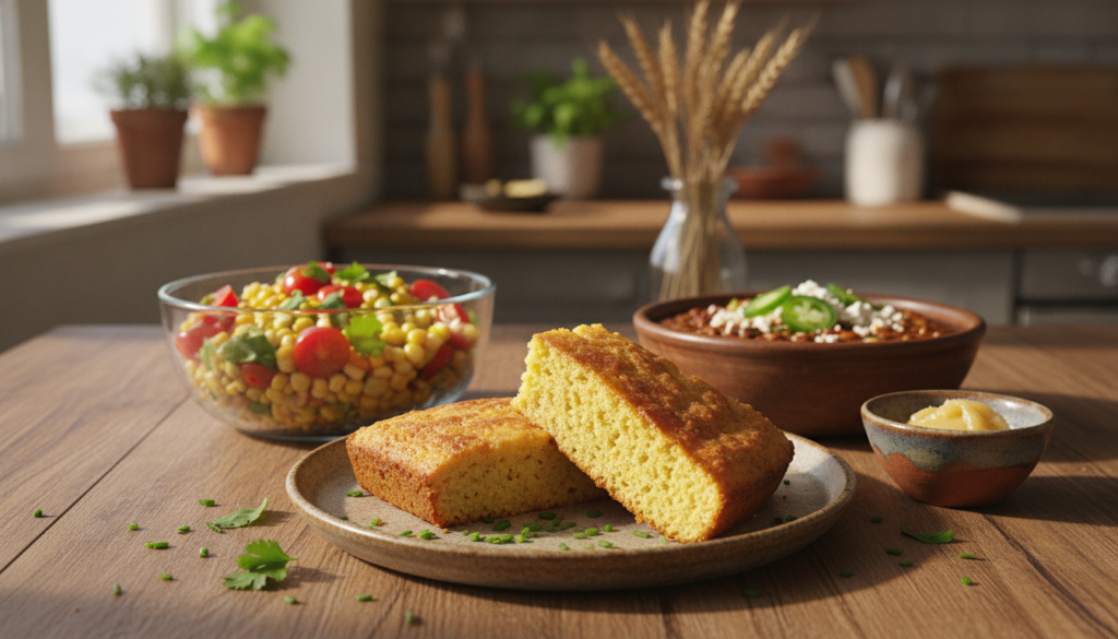 A beautifully styled wooden table displays a fresh, golden gluten-free cornbread, sliced into perfect wedges. In the foreground, the cornbread sits on a rustic ceramic plate, accompanied by a small bowl of honey butter and a scattering of fresh herbs like parsley and chives. In the middle ground, there are vibrant sides, such as a colorful corn salad with cherry tomatoes and bell peppers, and a bowl of spicy chili, hinting at flavorful meal pairings. The background features warm, ambient lighting that creates a cozy kitchen atmosphere, with soft shadows adding depth. A few wheat stalks decorate the table, conveying a farm-fresh vibe. The scene evokes feelings of comfort and satisfaction, perfect for a casual family gathering or a cozy dinner. A beautifully styled wooden table displays a fresh, golden gluten-free cornbread, sliced into perfect wedges. In the foreground, the cornbread sits on a rustic ceramic plate, accompanied by a small bowl of honey butter and a scattering of fresh herbs like parsley and chives. In the middle ground, there are vibrant sides, such as a colorful corn salad with cherry tomatoes and bell peppers, and a bowl of spicy chili, hinting at flavorful meal pairings. The background features warm, ambient lighting that creates a cozy kitchen atmosphere, with soft shadows adding depth. A few wheat stalks decorate the table, conveying a farm-fresh vibe. The scene evokes feelings of comfort and satisfaction, perfect for a casual family gathering or a cozy dinner.