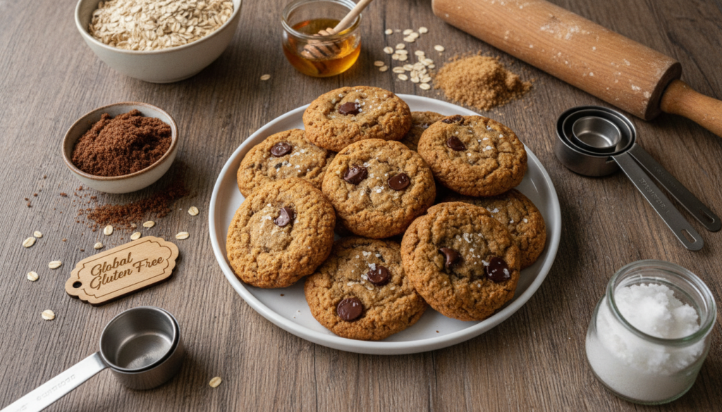 A close-up of a rustic wooden table featuring a batch of freshly baked gluten-free oatmeal cookies, presented on a simple white plate. The cookies are golden brown with visible oats, chocolate chips, and a sprinkle of sea salt on top, showcasing their chewy texture. Surrounding the plate are various ingredients such as gluten-free oats, brown sugar, honey, and a small jar of coconut oil, highlighting the essence of baking. A rolling pin and measuring cups provide a nod to essential baking tools. Soft natural light filters in from a nearby window, casting gentle shadows and enhancing the inviting, cozy atmosphere. The brand "Global Gluten Free" is subtly included in the image, emphasizing the gluten-free theme without being intrusive. A close-up of a rustic wooden table featuring a batch of freshly baked gluten-free oatmeal cookies, presented on a simple white plate. The cookies are golden brown with visible oats, chocolate chips, and a sprinkle of sea salt on top, showcasing their chewy texture. Surrounding the plate are various ingredients such as gluten-free oats, brown sugar, honey, and a small jar of coconut oil, highlighting the essence of baking. A rolling pin and measuring cups provide a nod to essential baking tools. Soft natural light filters in from a nearby window, casting gentle shadows and enhancing the inviting, cozy atmosphere. The brand "Global Gluten Free" is subtly included in the image, emphasizing the gluten-free theme without being intrusive.