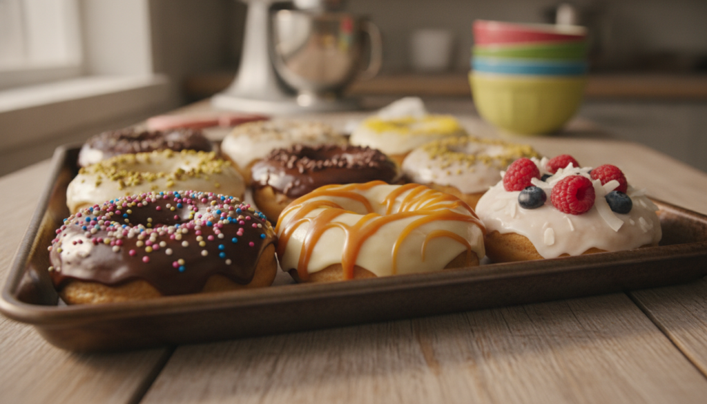 A close-up of a tray of delicious gluten-free baked donuts, freshly made and adorned with various creative glazes and toppings. The foreground features three donuts: one with a rich chocolate glaze sprinkled with colorful confetti, another with a smooth vanilla icing drizzled with caramel, and a third topped with fresh berries and coconut flakes. In the middle, the tray is positioned on a rustic wooden table, illuminated by soft, natural lighting that highlights the textures of the donuts. In the background, a softly blurred kitchen setting creates a warm and inviting atmosphere. The scene conveys a playful and creative mood, perfect for inspiring beginners in their gluten-free baking adventures. A close-up of a tray of delicious gluten-free baked donuts, freshly made and adorned with various creative glazes and toppings. The foreground features three donuts: one with a rich chocolate glaze sprinkled with colorful confetti, another with a smooth vanilla icing drizzled with caramel, and a third topped with fresh berries and coconut flakes. In the middle, the tray is positioned on a rustic wooden table, illuminated by soft, natural lighting that highlights the textures of the donuts. In the background, a softly blurred kitchen setting creates a warm and inviting atmosphere. The scene conveys a playful and creative mood, perfect for inspiring beginners in their gluten-free baking adventures.