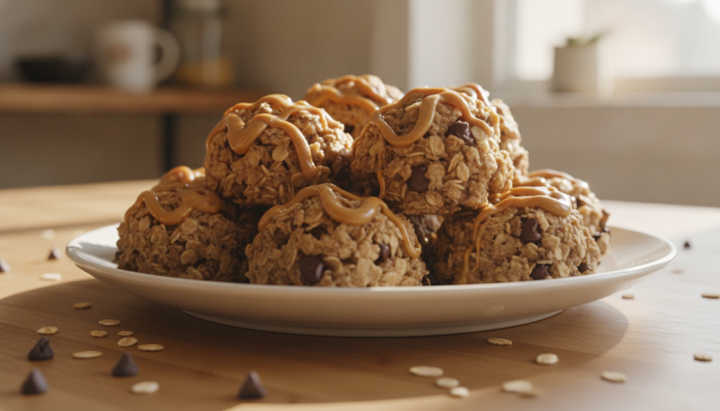 A close-up shot of a plate filled with easy no-bake oatmeal treats, showcasing their chewy texture and delightful appearance. Each treat is round, slightly irregular, showcasing a mix of rolled oats, chocolate chips, and a drizzle of creamy peanut butter. The plate, white and simple, contrasts beautifully against a soft, natural wood surface, enhancing the homemade feel. In the background, a cozy kitchen setting is softly lit, with warm, golden sunlight filtering through a window, creating a calming atmosphere. A few scattered oats and chocolate chips are on the table for added detail. The focus is sharp on the treats, with a gentle bokeh effect in the background, evoking a sense of warmth and comfort in this inviting scene. A close-up shot of a plate filled with easy no-bake oatmeal treats, showcasing their chewy texture and delightful appearance. Each treat is round, slightly irregular, showcasing a mix of rolled oats, chocolate chips, and a drizzle of creamy peanut butter. The plate, white and simple, contrasts beautifully against a soft, natural wood surface, enhancing the homemade feel. In the background, a cozy kitchen setting is softly lit, with warm, golden sunlight filtering through a window, creating a calming atmosphere. A few scattered oats and chocolate chips are on the table for added detail. The focus is sharp on the treats, with a gentle bokeh effect in the background, evoking a sense of warmth and comfort in this inviting scene.