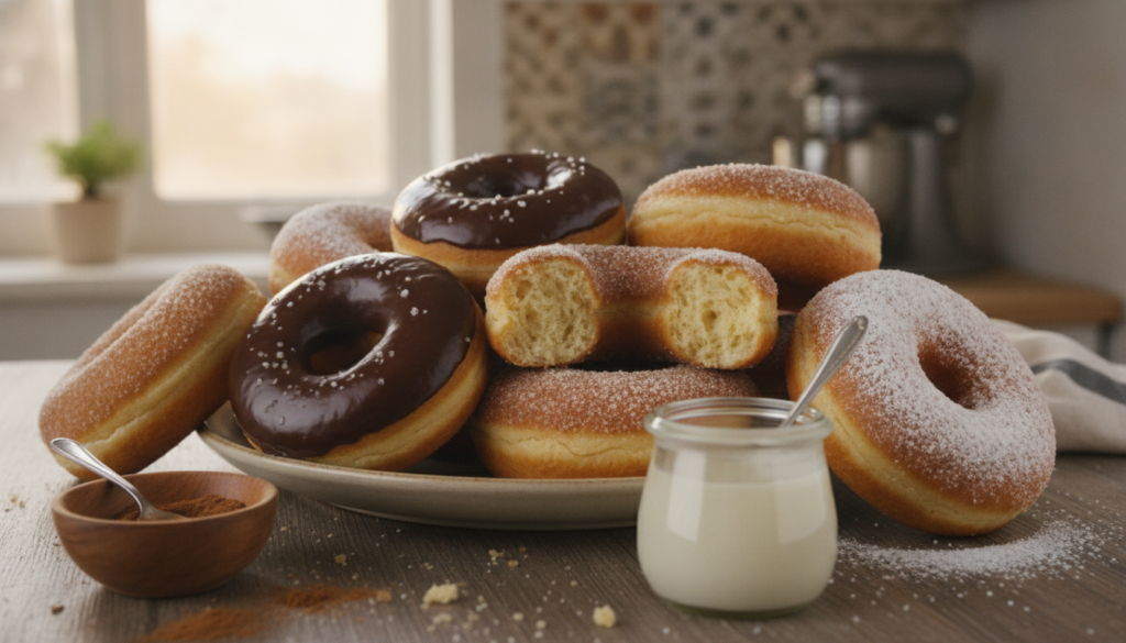 A close-up shot of a plate of freshly baked homemade gluten-free donuts, featuring a variety of flavors such as chocolate glazed, cinnamon sugar, and powdered sugar. The donuts are perfectly round and fluffy, showcasing a golden, crisp exterior with a soft, airy interior. In the foreground, a small jar of homemade glaze and a dusting of cinnamon are artfully arranged beside the plate. In the middle, the donuts are artfully stacked, with a few leaning against each other for a casual, inviting look. In the background, a cozy kitchen setting with warm, natural light streaming in from a window, softening the scene and enhancing the homey atmosphere. The image has a warm, inviting mood, perfect for illustrating the joy of baking and enjoying gluten-free treats at home. A close-up shot of a plate of freshly baked homemade gluten-free donuts, featuring a variety of flavors such as chocolate glazed, cinnamon sugar, and powdered sugar. The donuts are perfectly round and fluffy, showcasing a golden, crisp exterior with a soft, airy interior. In the foreground, a small jar of homemade glaze and a dusting of cinnamon are artfully arranged beside the plate. In the middle, the donuts are artfully stacked, with a few leaning against each other for a casual, inviting look. In the background, a cozy kitchen setting with warm, natural light streaming in from a window, softening the scene and enhancing the homey atmosphere. The image has a warm, inviting mood, perfect for illustrating the joy of baking and enjoying gluten-free treats at home.