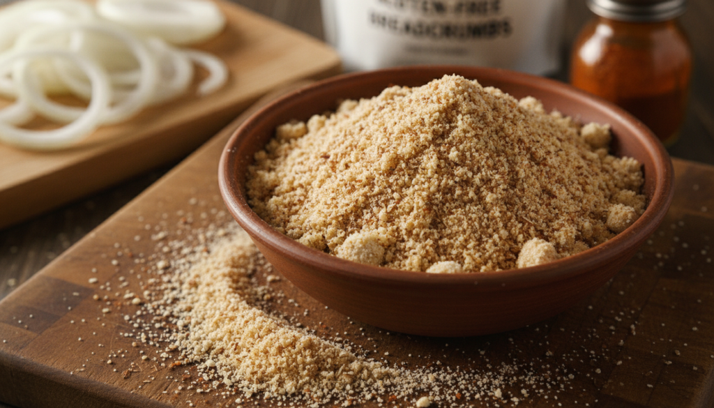A close-up view of a bowl of gluten-free onion ring coating, made from a mixture of almond flour, rice flour, and a blend of seasonings, including paprika and garlic powder. The coating is shown in a textured, crumbly presentation, with some coating spilling onto a rustic wooden surface nearby. In the background, out-of-focus ingredients like fresh onions, gluten-free breadcrumbs, and a bottle of seasoning can be subtly seen, adding context without detracting from the main subject. The lighting is bright and inviting, creating a warm, homey atmosphere. The image is shot from a slight top-down angle to emphasize the details of the coating's texture and color, inviting the viewer to imagine the delicious onion rings they will create. A close-up view of a bowl of gluten-free onion ring coating, made from a mixture of almond flour, rice flour, and a blend of seasonings, including paprika and garlic powder. The coating is shown in a textured, crumbly presentation, with some coating spilling onto a rustic wooden surface nearby. In the background, out-of-focus ingredients like fresh onions, gluten-free breadcrumbs, and a bottle of seasoning can be subtly seen, adding context without detracting from the main subject. The lighting is bright and inviting, creating a warm, homey atmosphere. The image is shot from a slight top-down angle to emphasize the details of the coating's texture and color, inviting the viewer to imagine the delicious onion rings they will create.