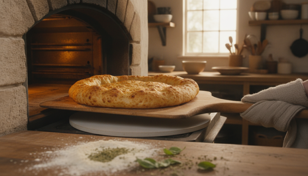 A close-up view of a gluten-free pizza crust baking in a rustic kitchen oven. The crust, golden brown with a slightly crispy texture, is rising beautifully on a wooden pizza peel. In the foreground, scattered ingredients like almond flour and herbs hint at the crust's gluten-free nature. The middle ground features the oven with warm, soft lighting illuminating the crust’s edges, emphasizing its chewy consistency. A hand, wearing a modest kitchen glove, is gently placing a pizza stone inside the oven. The background reveals a cozy kitchen atmosphere, with shelves lined with cooking utensils and a window letting in soft sunlight, creating a warm and inviting mood. A close-up view of a gluten-free pizza crust baking in a rustic kitchen oven. The crust, golden brown with a slightly crispy texture, is rising beautifully on a wooden pizza peel. In the foreground, scattered ingredients like almond flour and herbs hint at the crust's gluten-free nature. The middle ground features the oven with warm, soft lighting illuminating the crust’s edges, emphasizing its chewy consistency. A hand, wearing a modest kitchen glove, is gently placing a pizza stone inside the oven. The background reveals a cozy kitchen atmosphere, with shelves lined with cooking utensils and a window letting in soft sunlight, creating a warm and inviting mood.