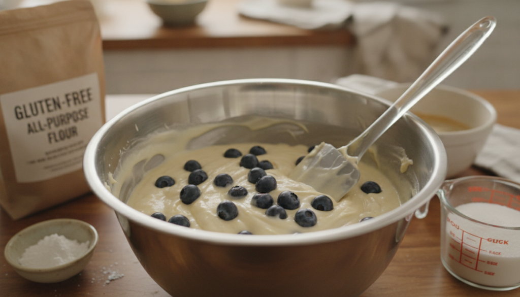 A close-up view of a mixing bowl filled with creamy gluten-free blueberry muffin batter, featuring plump, ripe blueberries mixed throughout. In the foreground, a spatula rests in the bowl, with bits of batter clinging to it, suggesting a recent mixing. The stainless steel bowl reflects the soft, natural light streaming in from a nearby window, casting gentle highlights. In the middle ground, there are ingredients scattered around the bowl: a bag of gluten-free flour, a small dish of baking powder, and a measuring cup of sugar. The background is softly blurred, hinting at a rustic kitchen setting with wooden countertops and warm-colored kitchenware. The overall atmosphere is inviting and homely, evoking the joy of baking delicious muffins. A close-up view of a mixing bowl filled with creamy gluten-free blueberry muffin batter, featuring plump, ripe blueberries mixed throughout. In the foreground, a spatula rests in the bowl, with bits of batter clinging to it, suggesting a recent mixing. The stainless steel bowl reflects the soft, natural light streaming in from a nearby window, casting gentle highlights. In the middle ground, there are ingredients scattered around the bowl: a bag of gluten-free flour, a small dish of baking powder, and a measuring cup of sugar. The background is softly blurred, hinting at a rustic kitchen setting with wooden countertops and warm-colored kitchenware. The overall atmosphere is inviting and homely, evoking the joy of baking delicious muffins.