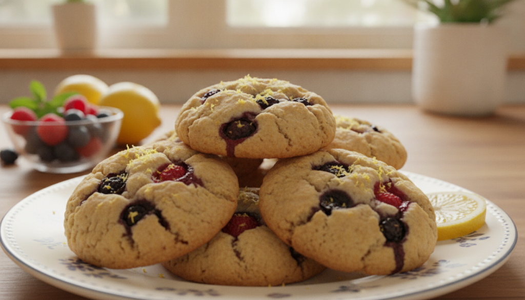 A close-up view of freshly baked gluten-free cookies filled with colorful fruits, such as blueberries and raspberries, sprinkled with lemon zest. The cookies are golden brown, with a slightly crispy outer layer and a gooey fruit center, placed on a delicate ceramic plate adorned with a lemon slice. In the background, a soft-focus kitchen setting with warm, natural light filters through a window, enhancing the inviting atmosphere. Fresh lemons and a small bowl of fruit are artfully arranged nearby, adding vibrant color. The overall mood is cheerful and homely, capturing the essence of homemade treats. The composition should be bright and airy, emphasizing the freshness and deliciousness of the cookies. A close-up view of freshly baked gluten-free cookies filled with colorful fruits, such as blueberries and raspberries, sprinkled with lemon zest. The cookies are golden brown, with a slightly crispy outer layer and a gooey fruit center, placed on a delicate ceramic plate adorned with a lemon slice. In the background, a soft-focus kitchen setting with warm, natural light filters through a window, enhancing the inviting atmosphere. Fresh lemons and a small bowl of fruit are artfully arranged nearby, adding vibrant color. The overall mood is cheerful and homely, capturing the essence of homemade treats. The composition should be bright and airy, emphasizing the freshness and deliciousness of the cookies.