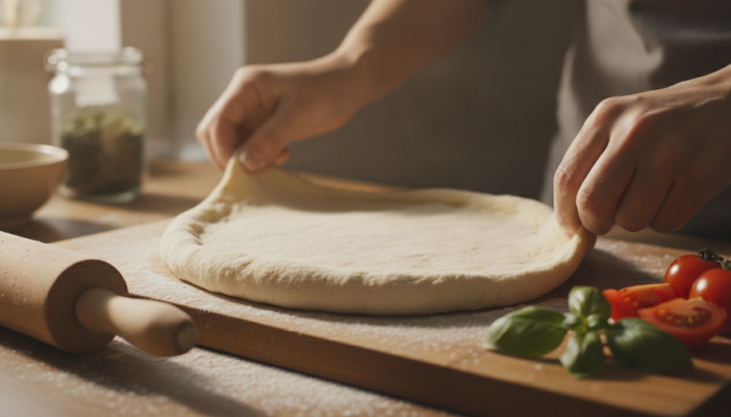 A close-up view of freshly prepared gluten-free pizza dough, showcasing its smooth, slightly sticky texture, with a rolling pin and sprinkles of gluten-free flour scattered around for authenticity. In the foreground, emphasize the dough's pliability as it is being shaped into a round pizza base. In the middle, place a wooden cutting board as the base with a few ingredients like fresh basil leaves and ripe tomatoes in soft-focus for added context. The background softly blurs to reveal a warm, inviting kitchen setting with natural light streaming in through a window, casting gentle shadows. The mood is cozy and inviting, ideal for a fun homemade cooking experience. A close-up view of freshly prepared gluten-free pizza dough, showcasing its smooth, slightly sticky texture, with a rolling pin and sprinkles of gluten-free flour scattered around for authenticity. In the foreground, emphasize the dough's pliability as it is being shaped into a round pizza base. In the middle, place a wooden cutting board as the base with a few ingredients like fresh basil leaves and ripe tomatoes in soft-focus for added context. The background softly blurs to reveal a warm, inviting kitchen setting with natural light streaming in through a window, casting gentle shadows. The mood is cozy and inviting, ideal for a fun homemade cooking experience.