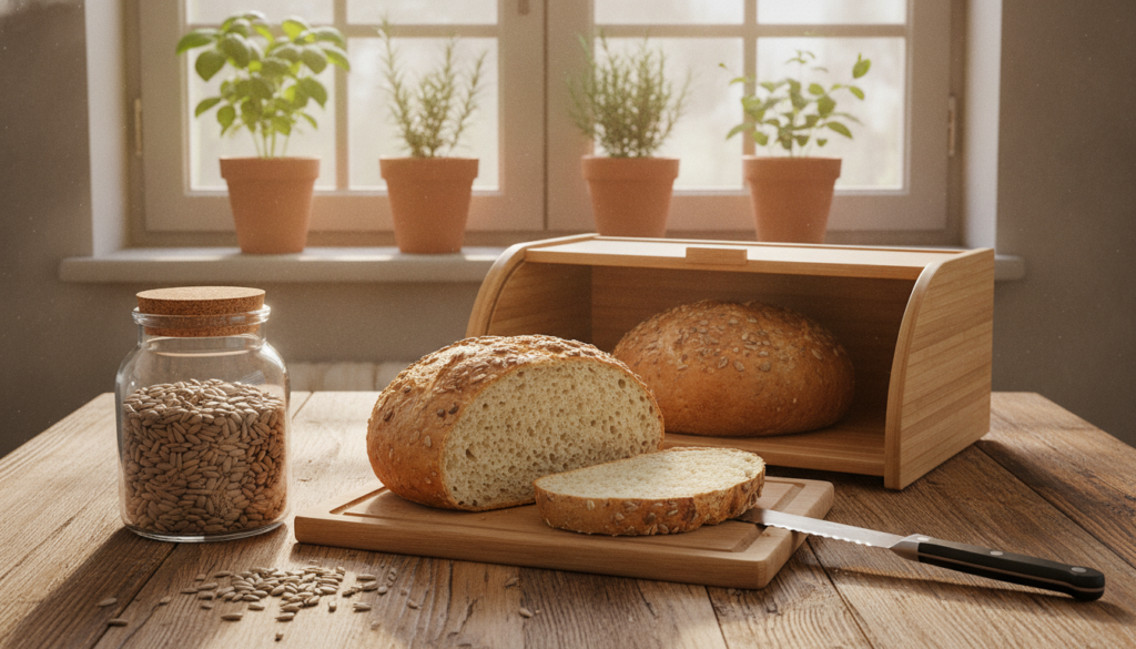 A cozy kitchen scene featuring a rustic wooden table displaying a freshly baked homemade gluten-free loaf, sliced to reveal its soft, airy texture. In the foreground, a glass jar filled with sunflower seeds and a cutting board with a serrated knife next to the loaf. The middle ground highlights a warm bread box crafted from bamboo, with a small, open lid showcasing more whole grain gluten-free bread for storing. In the background, a sunlit window casts soft, natural light over potted herbs, creating a homely atmosphere. The overall mood is warm, inviting, and filled with a sense of health and comfort, perfect for breakfast or snacks. The image should have a slightly elevated angle to emphasize the bread and Kitchen elements. A cozy kitchen scene featuring a rustic wooden table displaying a freshly baked homemade gluten-free loaf, sliced to reveal its soft, airy texture. In the foreground, a glass jar filled with sunflower seeds and a cutting board with a serrated knife next to the loaf. The middle ground highlights a warm bread box crafted from bamboo, with a small, open lid showcasing more whole grain gluten-free bread for storing. In the background, a sunlit window casts soft, natural light over potted herbs, creating a homely atmosphere. The overall mood is warm, inviting, and filled with a sense of health and comfort, perfect for breakfast or snacks. The image should have a slightly elevated angle to emphasize the bread and Kitchen elements.
