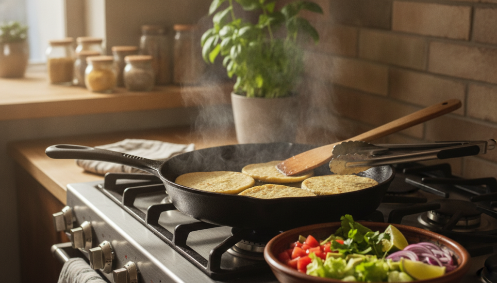 A cozy kitchen scene featuring corn tortillas warming in a cast-iron skillet on a stovetop. In the foreground, golden-brown tortillas are slightly puffed, emitting steam, with kitchen utensils like a wooden spatula resting nearby. In the middle ground, a small bowl filled with fresh toppings like diced tomatoes, lettuce, and avocado sits next to the skillet, enhancing the vibrant, appetizing look. The background shows blurred shelves with spices and a potted plant, creating a homey atmosphere. Soft, warm lighting filters through a window, illuminating the tortillas and giving the whole scene a comforting glow. The overall mood is inviting and relaxed, perfect for a healthy meal preparation. A cozy kitchen scene featuring corn tortillas warming in a cast-iron skillet on a stovetop. In the foreground, golden-brown tortillas are slightly puffed, emitting steam, with kitchen utensils like a wooden spatula resting nearby. In the middle ground, a small bowl filled with fresh toppings like diced tomatoes, lettuce, and avocado sits next to the skillet, enhancing the vibrant, appetizing look. The background shows blurred shelves with spices and a potted plant, creating a homey atmosphere. Soft, warm lighting filters through a window, illuminating the tortillas and giving the whole scene a comforting glow. The overall mood is inviting and relaxed, perfect for a healthy meal preparation.