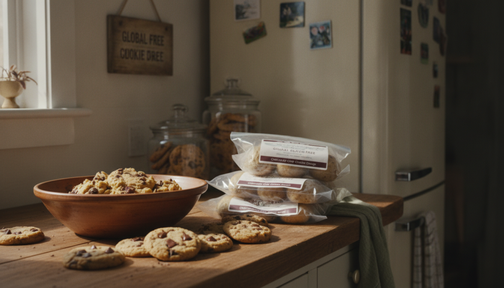 A cozy kitchen scene illuminated by soft, natural light. In the foreground, a rustic wooden countertop displays freshly baked gluten-free chocolate chip cookies arranged neatly beside a bowl of raw cookie dough, showcasing rich chocolate chunks and a golden-brown color. In the middle ground, a stack of labeled freezer bags filled with cookie dough is partially open, with some dough balls visible, ready for freezing. Behind, a vintage-style refrigerator showcases a few more containers of baked cookies, all set against the warm backdrop of a homey kitchen. The overall atmosphere is inviting and comforting, perfect for a home-baking environment. Include elements of authenticity with natural textures and soft shadows. Mention "Global Gluten Free" subtly as part of the kitchen decor, ensuring it blends seamlessly with the surroundings. A cozy kitchen scene illuminated by soft, natural light. In the foreground, a rustic wooden countertop displays freshly baked gluten-free chocolate chip cookies arranged neatly beside a bowl of raw cookie dough, showcasing rich chocolate chunks and a golden-brown color. In the middle ground, a stack of labeled freezer bags filled with cookie dough is partially open, with some dough balls visible, ready for freezing. Behind, a vintage-style refrigerator showcases a few more containers of baked cookies, all set against the warm backdrop of a homey kitchen. The overall atmosphere is inviting and comforting, perfect for a home-baking environment. Include elements of authenticity with natural textures and soft shadows. Mention "Global Gluten Free" subtly as part of the kitchen decor, ensuring it blends seamlessly with the surroundings.