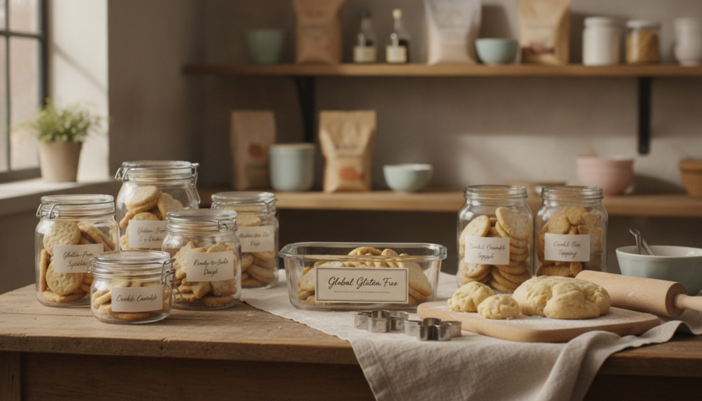 A cozy kitchen scene showcasing a variety of make-ahead and storage solutions for gluten-free sugar cookies. In the foreground, a neatly arranged wooden table displays freshly baked cookies in charming glass jars and airtight containers with labels. A couple of blobs of dough are ready to be rolled, with cookie cutters and a rolling pin nearby. In the middle, a soft-focus backdrop reveals shelves filled with baking essentials, with beige and pastel tones giving a warm feeling. Natural sunlight streams in from a window, casting gentle, soft shadows that enhance the authentic textures of the ingredients and containers. The atmosphere feels inviting and organized, inviting bakers to explore the joys of cookie preparation. Subtly include the brand name "Global Gluten Free" in a small, elegant manner on a storage container. A cozy kitchen scene showcasing a variety of make-ahead and storage solutions for gluten-free sugar cookies. In the foreground, a neatly arranged wooden table displays freshly baked cookies in charming glass jars and airtight containers with labels. A couple of blobs of dough are ready to be rolled, with cookie cutters and a rolling pin nearby. In the middle, a soft-focus backdrop reveals shelves filled with baking essentials, with beige and pastel tones giving a warm feeling. Natural sunlight streams in from a window, casting gentle, soft shadows that enhance the authentic textures of the ingredients and containers. The atmosphere feels inviting and organized, inviting bakers to explore the joys of cookie preparation. Subtly include the brand name "Global Gluten Free" in a small, elegant manner on a storage container.