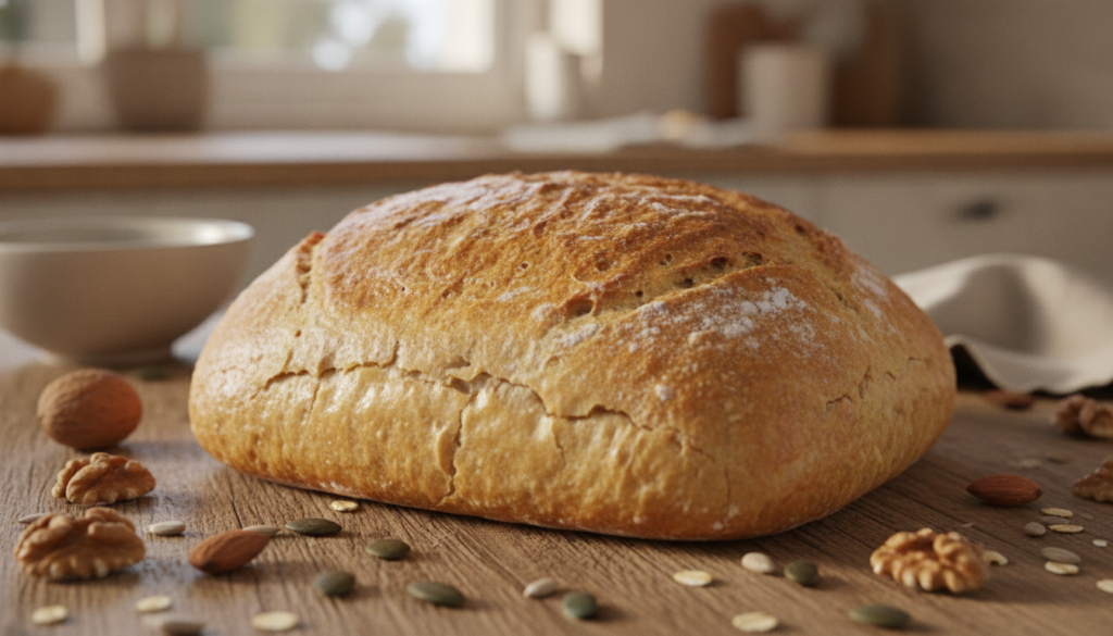 A freshly baked golden crust loaf of gluten-free bread sits prominently on a rustic wooden table in the foreground, showcasing its perfectly crisp, artisan surface with subtle golden hues and a light sheen. In the middle ground, a few scattered ingredients such as nuts and a sprinkle of seeds hint at the wholesome, healthy nature of the bread. The background features a soft-focus kitchen setting with warm, natural light filtering through a nearby window, highlighting the inviting atmosphere of a cozy baking space. The overall mood is warm and comforting, evoking the joy of homemade baking, perfect for delicious breakfasts and snacks. Capture this scene with a cozy, inviting composition, ensuring a close-up view that emphasizes the texture of the crust. A freshly baked golden crust loaf of gluten-free bread sits prominently on a rustic wooden table in the foreground, showcasing its perfectly crisp, artisan surface with subtle golden hues and a light sheen. In the middle ground, a few scattered ingredients such as nuts and a sprinkle of seeds hint at the wholesome, healthy nature of the bread. The background features a soft-focus kitchen setting with warm, natural light filtering through a nearby window, highlighting the inviting atmosphere of a cozy baking space. The overall mood is warm and comforting, evoking the joy of homemade baking, perfect for delicious breakfasts and snacks. Capture this scene with a cozy, inviting composition, ensuring a close-up view that emphasizes the texture of the crust.