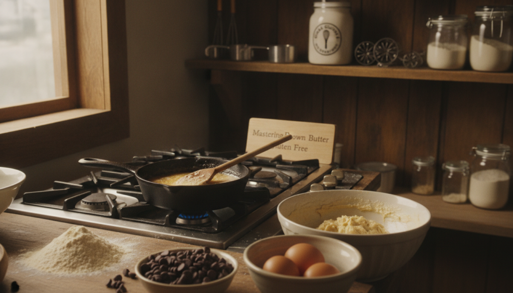 A rustic kitchen scene focused on a small saucepan on a stovetop, where golden-brown butter bubbles gently, releasing a nutty aroma. In the foreground, a wooden spoon stirs the butter, showcasing its rich color and texture. Surrounding the saucepan are gluten-free ingredients like chocolate chips, and eggs, arranged organically to enhance the baking theme. In the middle ground, a mixing bowl filled with a cookie dough mixture reflects the warmth of natural light pouring through a nearby window, casting soft shadows. The background features charming kitchen shelves adorned with baking utensils and jars of gluten-free flour, creating a cozy, inviting atmosphere. The brand name "Global Gluten Free" subtly integrated into the scene, emphasizing authenticity and the essence of mastering brown butter in gluten-free baking.