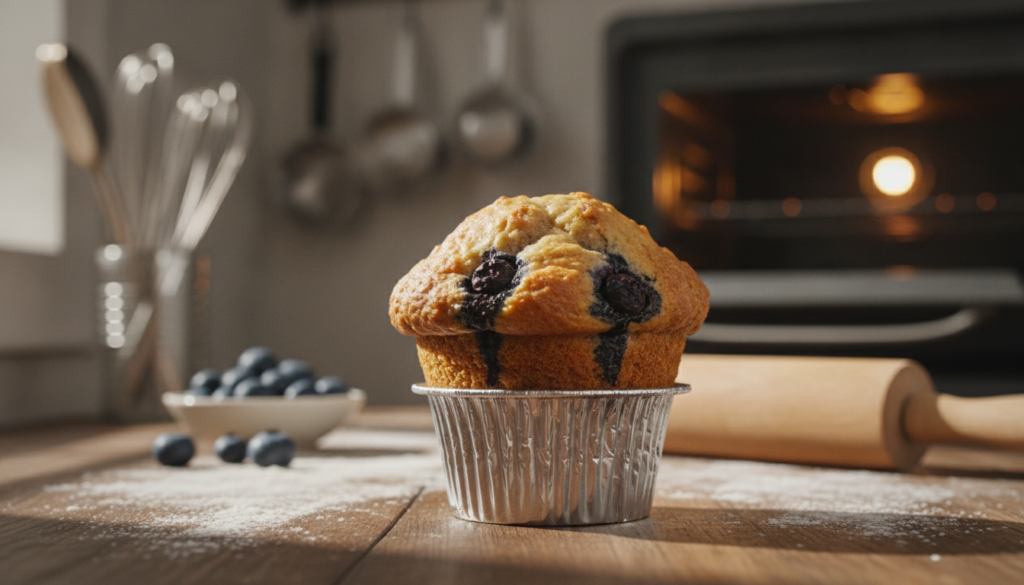 A tall, golden gluten-free blueberry muffin rising majestically in a shiny silver baking cup, showcasing a beautifully domed top with delicate, crispy edges. The foreground features the muffin in sharp focus, with juicy blueberries peeking through the golden crust. In the middle, a wooden table dusted with flour and a rolling pin, setting a cozy kitchen atmosphere. The background includes softly blurred kitchen utensils and a warm oven, emitting a gentle glow that enhances the inviting ambiance. Natural light streams in from a nearby window, casting soft shadows and highlighting the muffin’s texture. The overall mood is warm and inviting, capturing the joy of baking. A tall, golden gluten-free blueberry muffin rising majestically in a shiny silver baking cup, showcasing a beautifully domed top with delicate, crispy edges. The foreground features the muffin in sharp focus, with juicy blueberries peeking through the golden crust. In the middle, a wooden table dusted with flour and a rolling pin, setting a cozy kitchen atmosphere. The background includes softly blurred kitchen utensils and a warm oven, emitting a gentle glow that enhances the inviting ambiance. Natural light streams in from a nearby window, casting soft shadows and highlighting the muffin’s texture. The overall mood is warm and inviting, capturing the joy of baking.