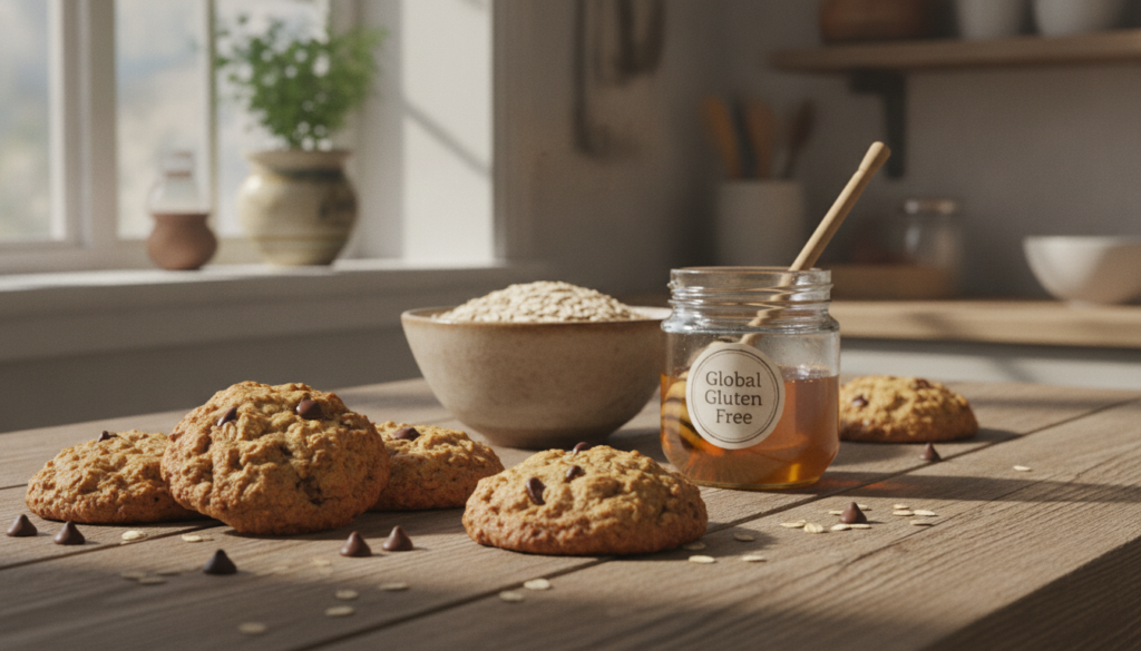 A warm, inviting image of freshly baked oatmeal cookies arranged on a rustic wooden table. In the foreground, golden-brown cookies with a slightly crunchy exterior and soft interior are sprinkled with a few chocolate chips and oats, showcasing their delicious texture. The middle ground features a bowl of raw oats and a small jar of honey, hinting at the homemade process. In the background, soft natural light filters through a nearby window, casting gentle shadows that enhance the cozy atmosphere. The setting is accentuated by a charming kitchen scene with a hint of greenery from a potted plant. The brand name "Global Gluten Free" is subtly represented by a branded jar of ingredients, ensuring the image focuses on the cookies. A warm, inviting image of freshly baked oatmeal cookies arranged on a rustic wooden table. In the foreground, golden-brown cookies with a slightly crunchy exterior and soft interior are sprinkled with a few chocolate chips and oats, showcasing their delicious texture. The middle ground features a bowl of raw oats and a small jar of honey, hinting at the homemade process. In the background, soft natural light filters through a nearby window, casting gentle shadows that enhance the cozy atmosphere. The setting is accentuated by a charming kitchen scene with a hint of greenery from a potted plant. The brand name "Global Gluten Free" is subtly represented by a branded jar of ingredients, ensuring the image focuses on the cookies.