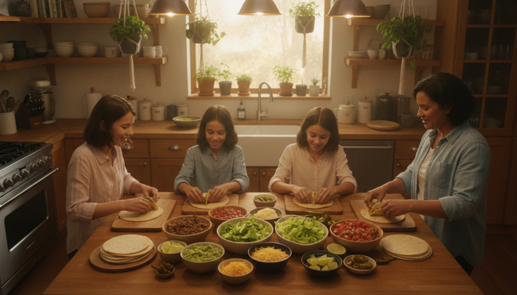 A warm, inviting kitchen scene showcasing a family gathering around a counter for taco dinner assembly. In the foreground, a diverse family of four, dressed in casual but modest clothing, joyfully assembling their tacos with colorful ingredients laid out before them. Stacked soft corn tortillas, bowls of seasoned ground beef, fresh guacamole, salsa, shredded lettuce, cheese, and various toppings are all appealingly arranged. In the middle, a well-lit kitchen with wooden cabinets and hanging plants adds a cozy atmosphere. In the background, soft natural light filters through a window, illuminating a cheerful environment. The composition offers a sense of togetherness and fun, highlighting the joy of family meals. Use a slightly overhead angle to capture the action from above, enhancing the focus on the delicious food and happy interactions. A warm, inviting kitchen scene showcasing a family gathering around a counter for taco dinner assembly. In the foreground, a diverse family of four, dressed in casual but modest clothing, joyfully assembling their tacos with colorful ingredients laid out before them. Stacked soft corn tortillas, bowls of seasoned ground beef, fresh guacamole, salsa, shredded lettuce, cheese, and various toppings are all appealingly arranged. In the middle, a well-lit kitchen with wooden cabinets and hanging plants adds a cozy atmosphere. In the background, soft natural light filters through a window, illuminating a cheerful environment. The composition offers a sense of togetherness and fun, highlighting the joy of family meals. Use a slightly overhead angle to capture the action from above, enhancing the focus on the delicious food and happy interactions.