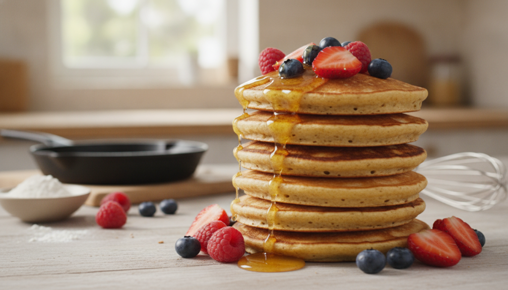 Fluffy gluten-free pancakes stacked high on a light, rustic wooden table, adorned with fresh berries and a drizzle of honey. The pancakes are golden-brown with a soft, fluffy texture, showcasing their gluten-free nature. In the background, a well-lit kitchen setting with soft, natural light streaming in through a window enhances the warm, inviting atmosphere. A vintage-style frying pan and a few scattered ingredients like gluten-free flour and a whisk can be seen, adding context to the cooking process. The image is captured from a slightly elevated angle, highlighting the delicious layers of the pancakes and creating a sense of warmth and comfort, ideal for a cozy breakfast scene. The overall mood is cheerful and homely, perfect for enjoying delicious pancakes. Fluffy gluten-free pancakes stacked high on a light, rustic wooden table, adorned with fresh berries and a drizzle of honey. The pancakes are golden-brown with a soft, fluffy texture, showcasing their gluten-free nature. In the background, a well-lit kitchen setting with soft, natural light streaming in through a window enhances the warm, inviting atmosphere. A vintage-style frying pan and a few scattered ingredients like gluten-free flour and a whisk can be seen, adding context to the cooking process. The image is captured from a slightly elevated angle, highlighting the delicious layers of the pancakes and creating a sense of warmth and comfort, ideal for a cozy breakfast scene. The overall mood is cheerful and homely, perfect for enjoying delicious pancakes.