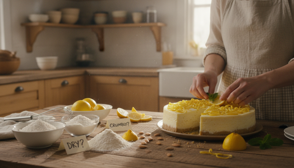 A cozy kitchen setting, with a beautifully decorated gluten-free lemon cheesecake as the focal point, showcasing its creamy texture and vibrant lemon zest on top. On a nearby table, an array of gluten-free baking ingredients like coconut flour, almond flour, and zested lemons is artfully displayed, hinting at common troubleshooting issues such as dry texture or crumbling. The background features warm wooden cabinets and natural light streaming in through a window, creating a homely and inviting atmosphere. A pair of hands gently adjusts the cheesecake's presentation, wearing a simple apron, conveying a sense of care and engagement in the baking process. The image captures a moment of culinary exploration, blending warmth and creativity in the kitchen.