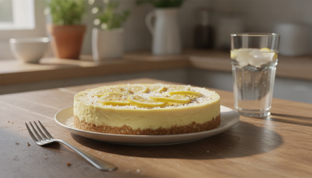 A beautifully plated dairy-free lemon cheesecake sits on a rustic wooden table, adorned with fresh lemon slices and a sprinkle of coconut flakes. The cheesecake features a smooth, creamy texture with a slight sheen, highlighting its luscious interior. In the foreground, a silver fork rests beside the cheesecake, inviting the viewer to indulge. The middle ground includes a delicate glass of chilled lemon-infused water, reflecting the natural light filtering in from a nearby window. Soft, warm lighting casts gentle shadows, creating a cozy and inviting atmosphere. The background is softly blurred, hinting at a simple kitchen setting with hints of greenery. The scene conveys a sense of freshness and tranquility, perfect for a delightful dessert experience.